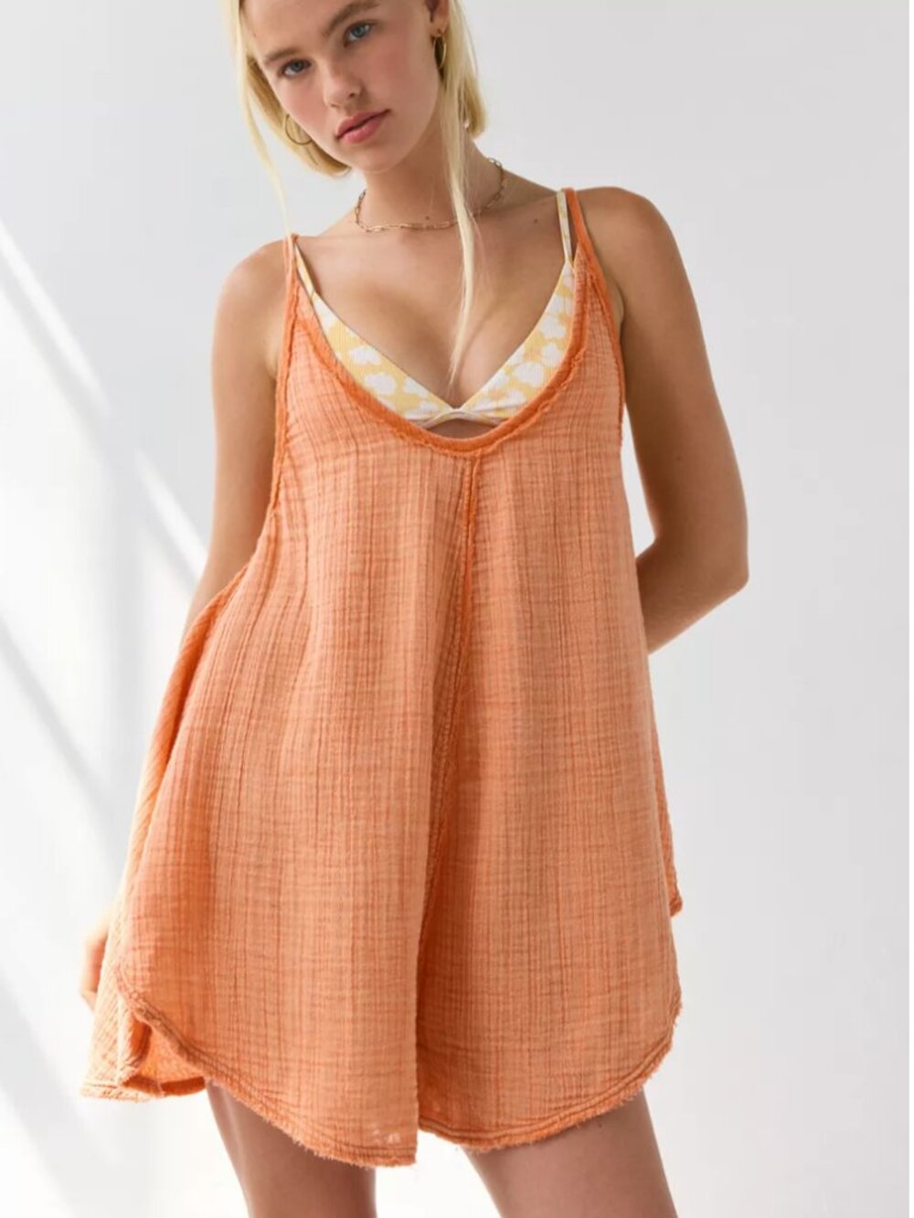 Out From Under Solace Overdyed Cotton Gauze Romper - Washed Orange - Size XS